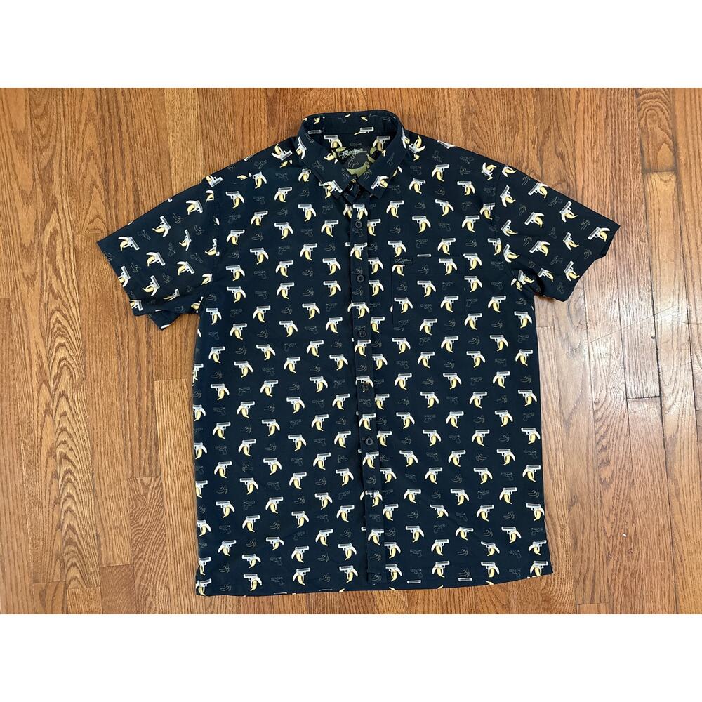Retro Rifle Organic Men's Short Sleeve Button Up Shirt- Banana Gun-‎ Size XL